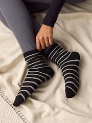 Black/Neutral Stripe Ankle Socks 2 Pack Containing Lambswool - Image 2 of 7
