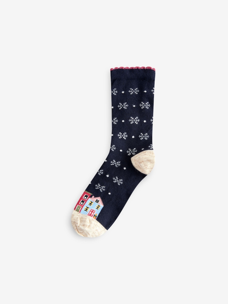 Scenic Houses In Snow Christmas Pattern Ankle Socks 4 Pack - Image 1 of 7
