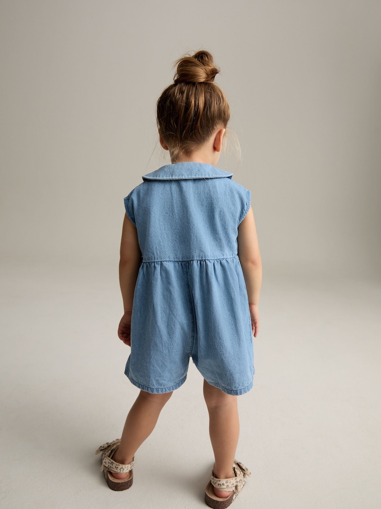 Denim Shirt Collar 100% Cotton Playsuit (3mths-7yrs) - Image 2 of 8