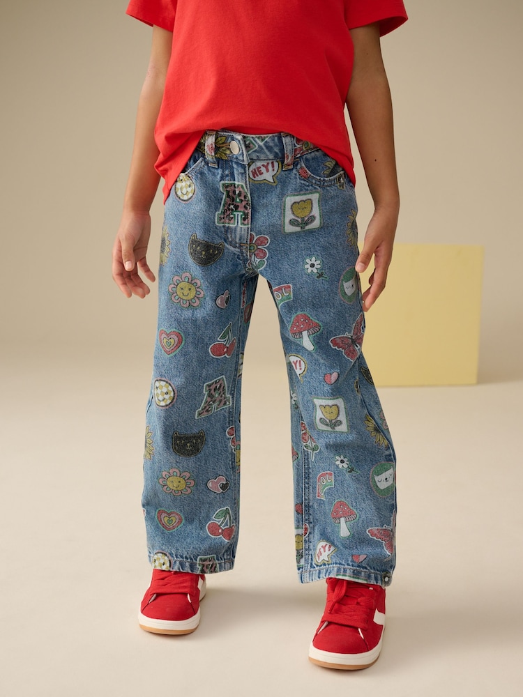 Mid Blue Printed Wide Leg Jeans (3-16yrs) - Image 1 of 4