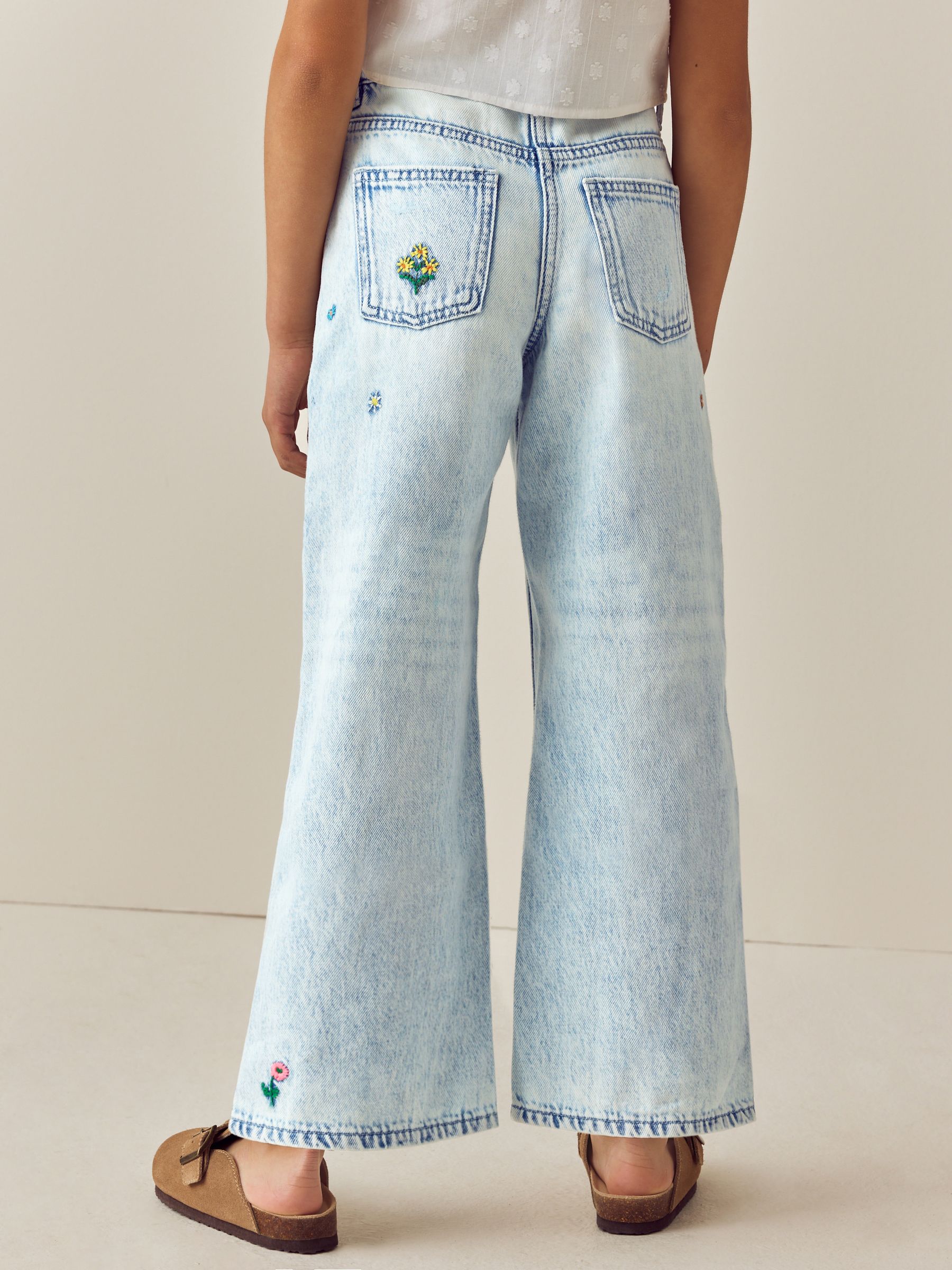 Buy Mid Blue Floral Embroidered Wide Leg 100% Cotton Jeans
