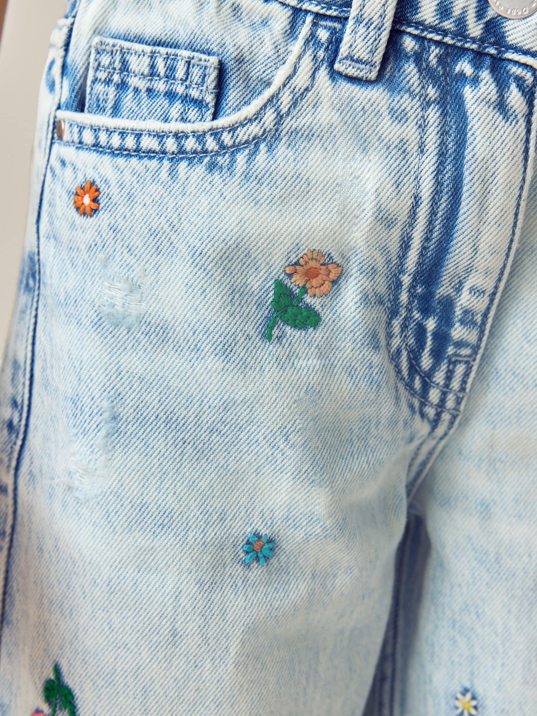 Buy Mid Blue Floral Embroidered Wide Leg 100% Cotton Jeans