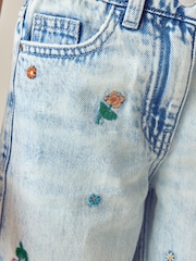Mid Blue Floral Embroidered Wide Leg 100% Cotton Jeans (3-16yrs) - Image 4 of 8