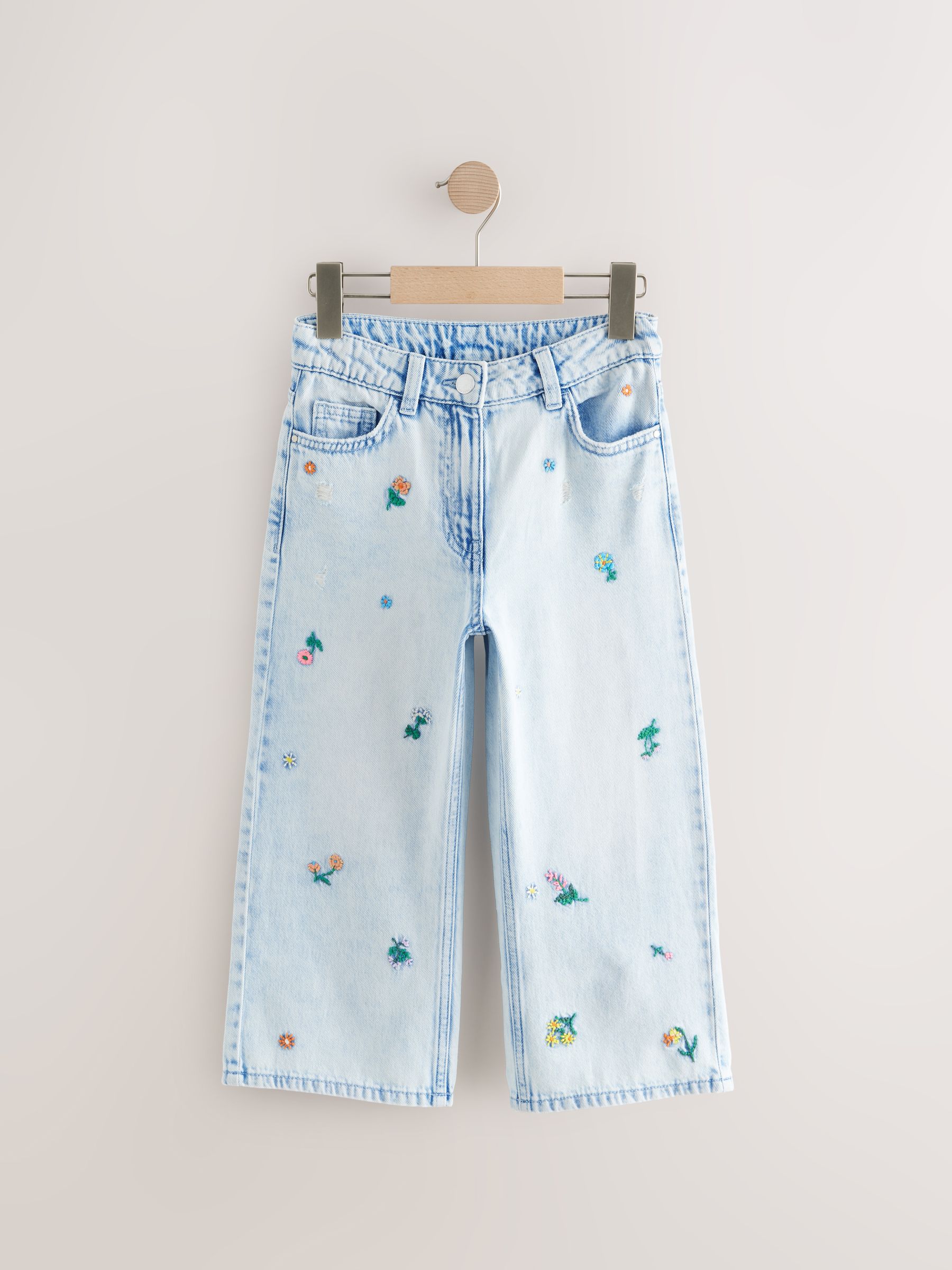 Buy Mid Blue Floral Embroidered Wide Leg 100% Cotton Jeans