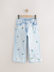 Mid Blue Floral Embroidered Wide Leg 100% Cotton Jeans (3-16yrs) - Image 5 of 8