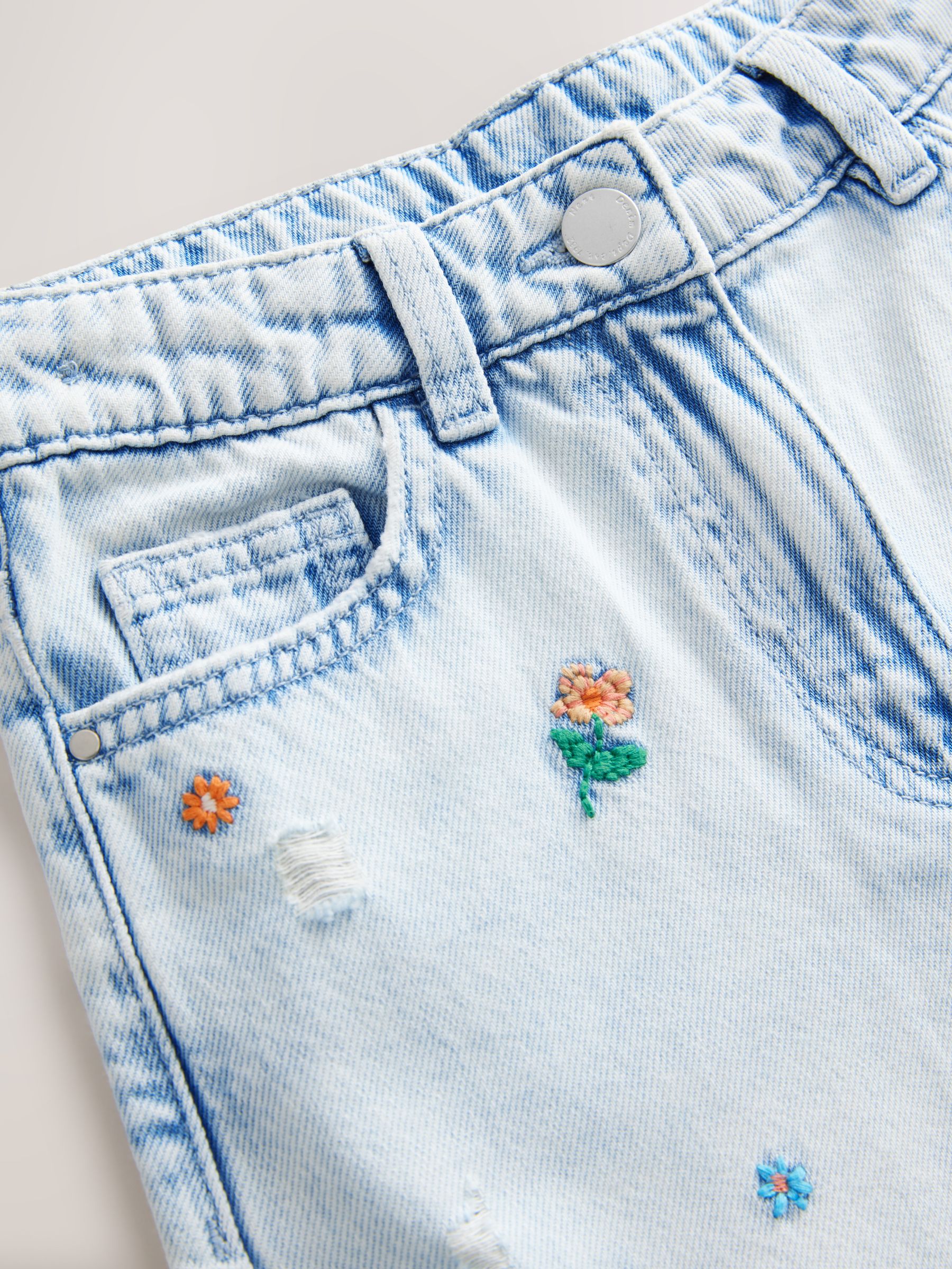 Babyhug Full Length Denim Jeans with Floral Embroidery & Belt - Blue