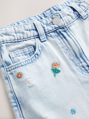 Mid Blue Floral Embroidered Wide Leg 100% Cotton Jeans (3-16yrs) - Image 7 of 8