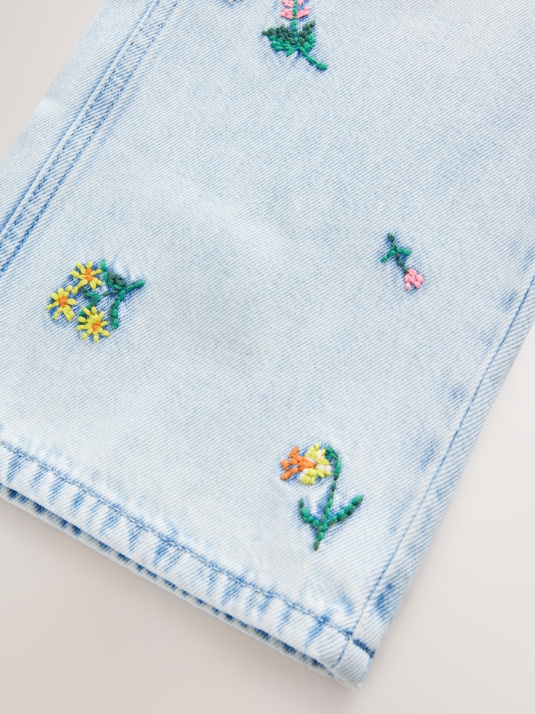 Mid Blue Floral Embroidered Wide Leg 100% Cotton Jeans (3-16yrs) - Image 8 of 8