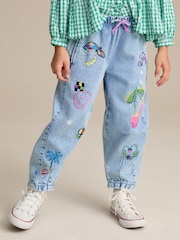 Mid Blue Pull On Embroidered Barrel 100% Cotton Jeans (3-16yrs) - Image 1 of 8