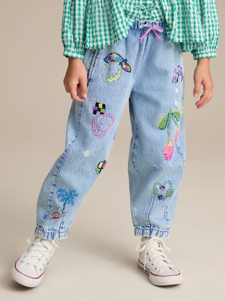 Mid Blue Pull On Embroidered Barrel 100% Cotton Jeans (3-16yrs) - Image 1 of 8