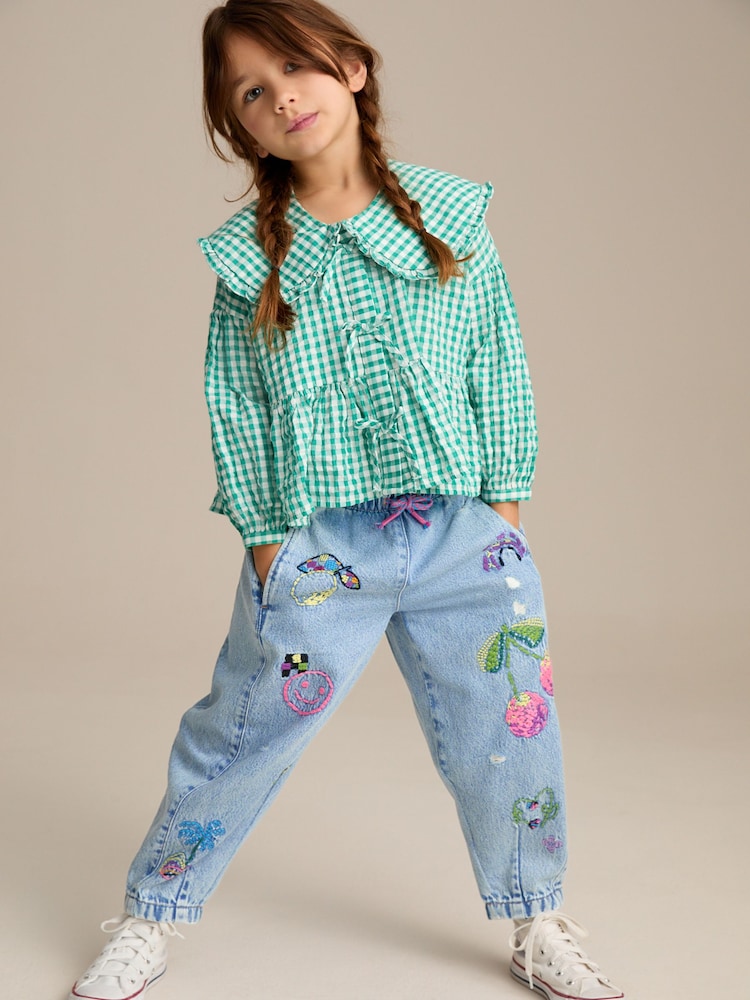 Mid Blue Pull On Embroidered Barrel 100% Cotton Jeans (3-16yrs) - Image 2 of 8