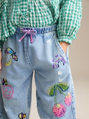 Mid Blue Pull On Embroidered Barrel 100% Cotton Jeans (3-16yrs) - Image 4 of 8