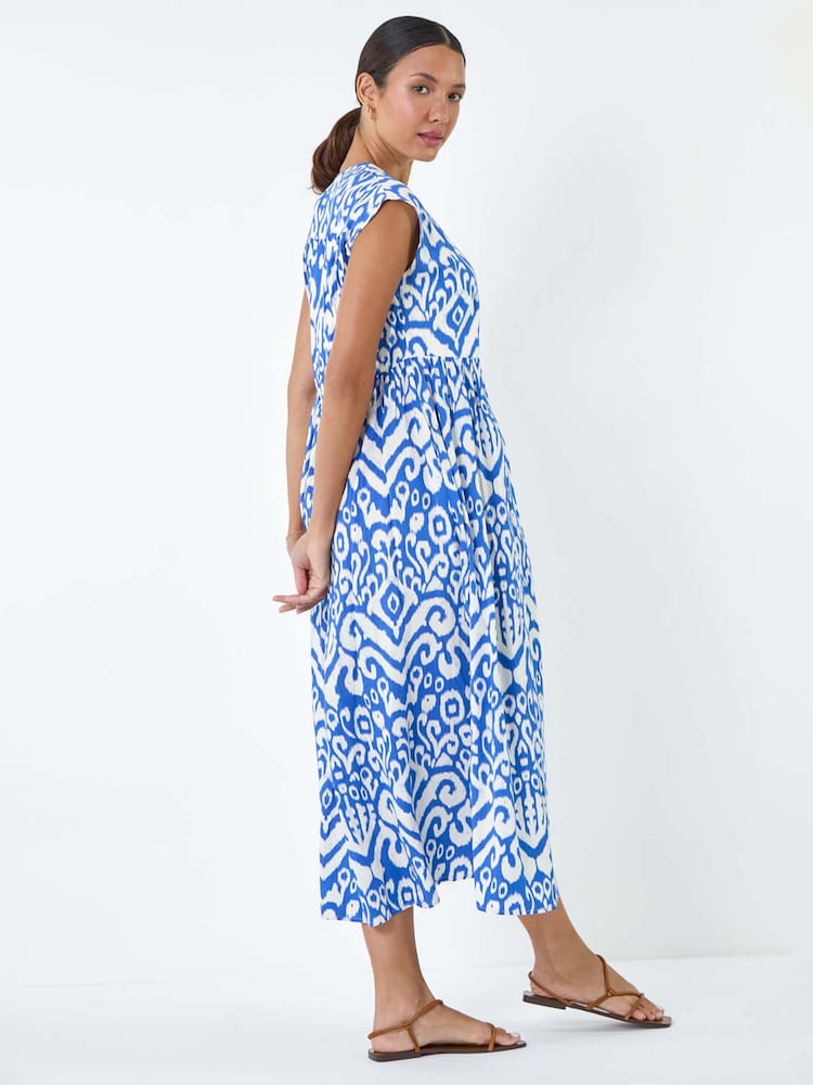 Roman Blue Print Midi Smock Dress - Image 1 of 5