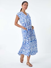 Roman Blue Print Midi Smock Dress - Image 3 of 5