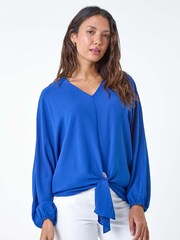 Roman Blue Plain Long Sleeve Tie Front Top - Image 1 of 5