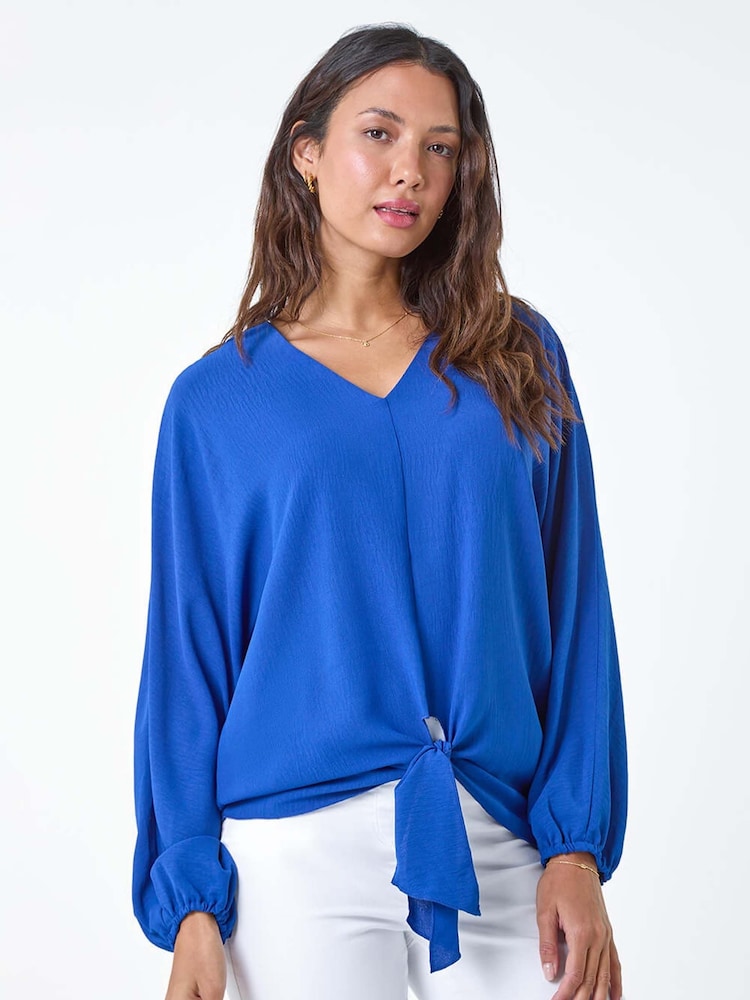 Roman Blue Plain Long Sleeve Tie Front Top - Image 1 of 5