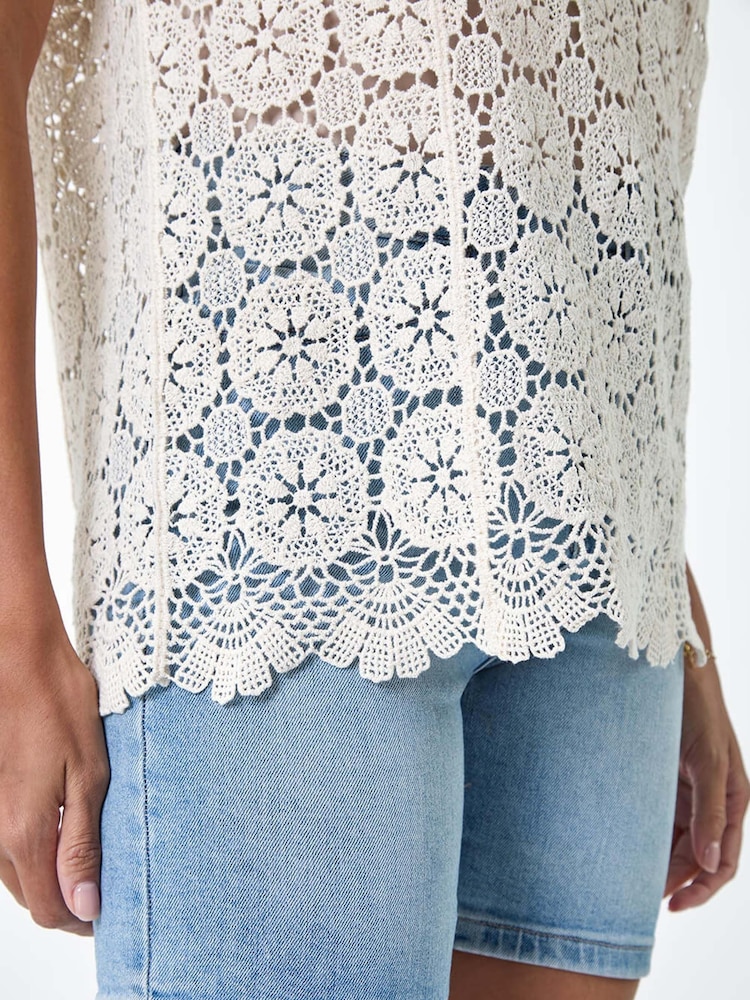 Roman Natural 100% Cotton Crochet Stretch Knitted Vest - Image 5 of 5