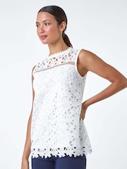 Roman White Ladder Trim Lace Jersey Top - Image 1 of 5