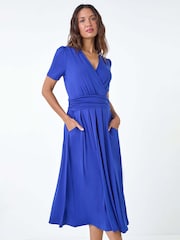 Roman Blue Gathered Midi Wrap Stretch Dress - Image 1 of 5