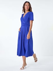 Roman Blue Gathered Midi Wrap Stretch Dress - Image 2 of 5