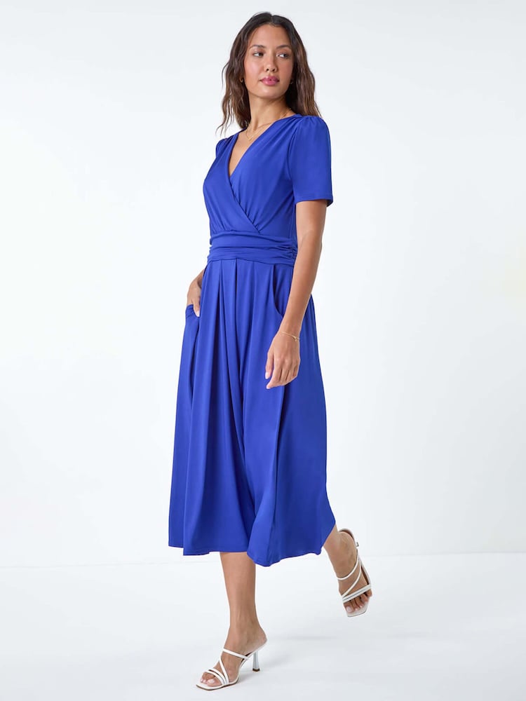 Roman Blue Gathered Midi Wrap Stretch Dress - Image 2 of 5