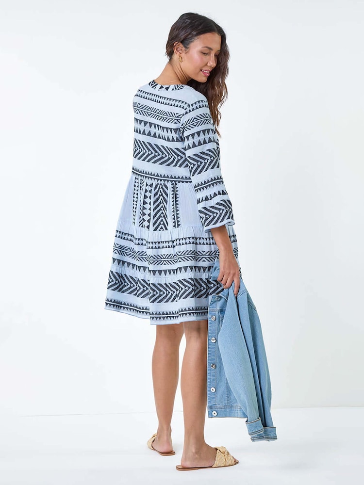 Roman Blue Aztec Style Print 100% Cotton Smock Dress - Image 3 of 5