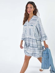 Roman Blue Aztec Style Print Frill Pocket Dress - Image 1 of 5
