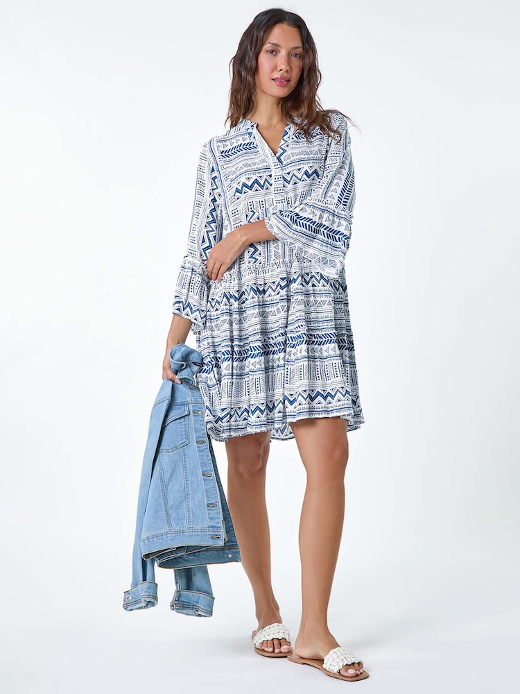 Roman Blue Aztec Style Print Frill Pocket Dress - Image 2 of 5