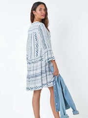 Roman Blue Aztec Style Print Frill Pocket Dress - Image 3 of 5