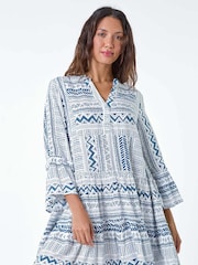 Roman Blue Aztec Style Print Frill Pocket Dress - Image 4 of 5