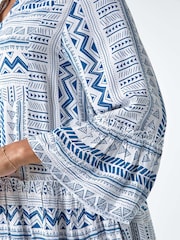 Roman Blue Aztec Style Print Frill Pocket Dress - Image 5 of 5