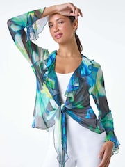 Roman Green Tie Frill Detail Stretch Mesh Top - Image 2 of 5