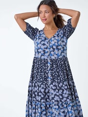 Roman Blue Floral Cotton Blend Tiered Smock Dress - Image 1 of 5