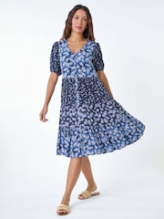 Roman Blue Floral Cotton Blend Tiered Smock Dress - Image 2 of 5