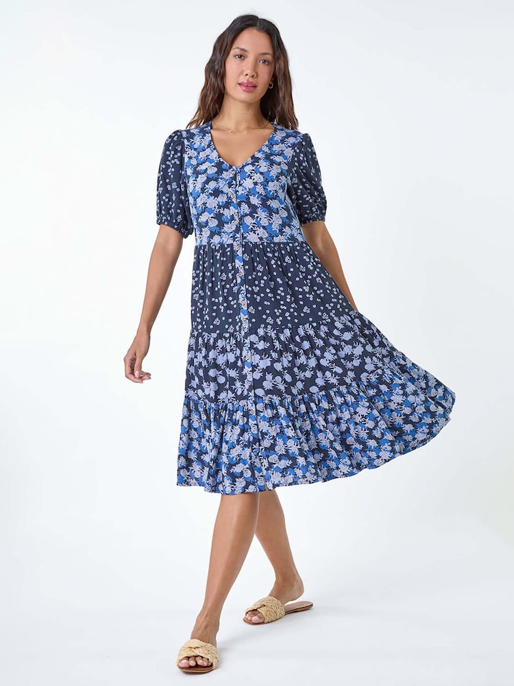 Roman Blue Floral Cotton Blend Tiered Smock Dress - Image 2 of 5