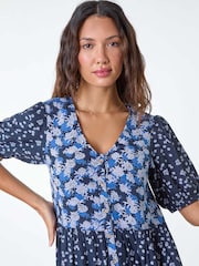 Roman Blue Floral Cotton Blend Tiered Smock Dress - Image 4 of 5