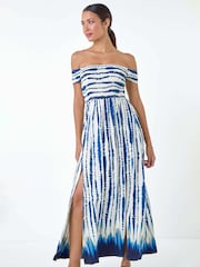 Roman Blue Tie Dye Shirred Bardot Maxi Dress - Image 1 of 5