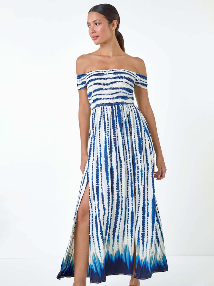 Roman Blue Tie Dye Shirred Bardot Maxi Dress - Image 1 of 5
