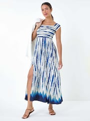 Roman Blue Tie Dye Shirred Bardot Maxi Dress - Image 2 of 5