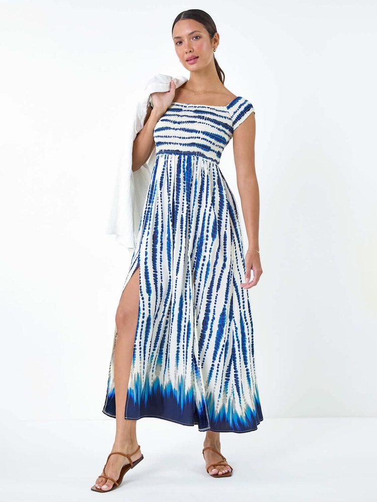 Roman Blue Tie Dye Shirred Bardot Maxi Dress - Image 2 of 5
