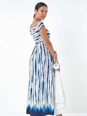 Roman Blue Tie Dye Shirred Bardot Maxi Dress - Image 3 of 5