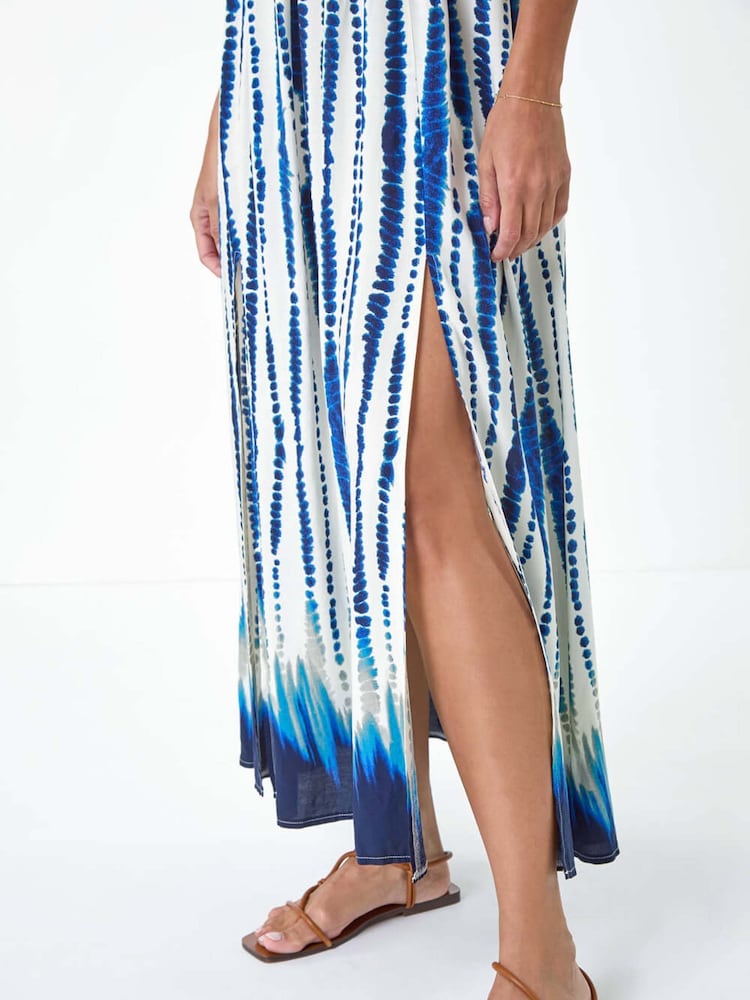 Roman Blue Tie Dye Shirred Bardot Maxi Dress - Image 5 of 5