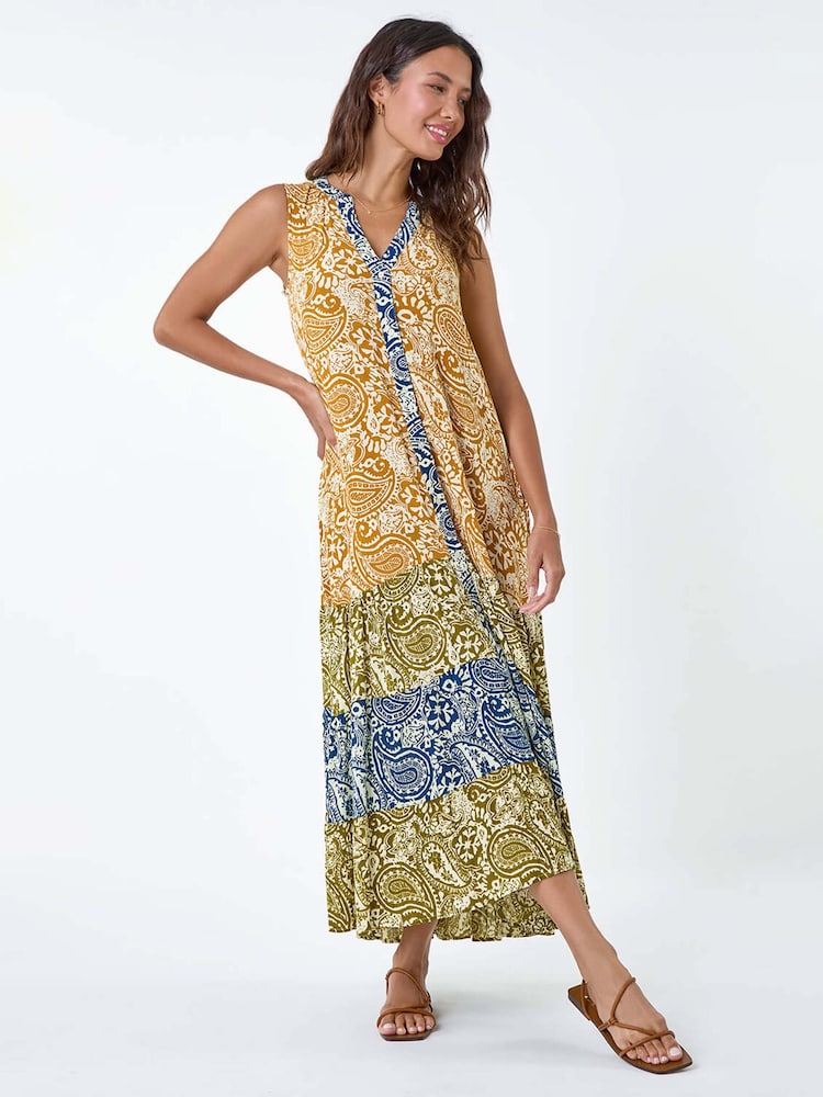 Roman Yellow Patchwork Print Tiered Maxi Dress - Image 2 of 5