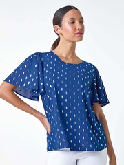 Roman Blue Metallic Foil Spot Print Top - Image 1 of 5