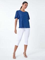 Roman Blue Metallic Foil Spot Print Top - Image 2 of 5