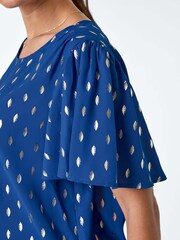 Roman Blue Metallic Foil Spot Print Top - Image 5 of 5