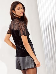Friends Like These Black Velvet Lace Yoke Flutter Sleeve Blouse - Image 4 of 4