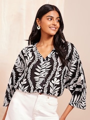 Friends Like These Black/White 3/4 Sleeve Button Through Blouse - Image 1 of 4