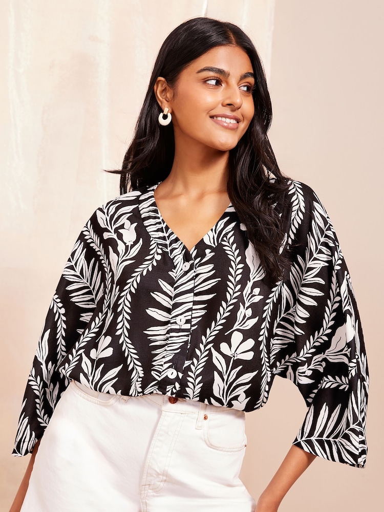 Friends Like These Black/White 3/4 Sleeve Button Through Blouse - Image 1 of 4