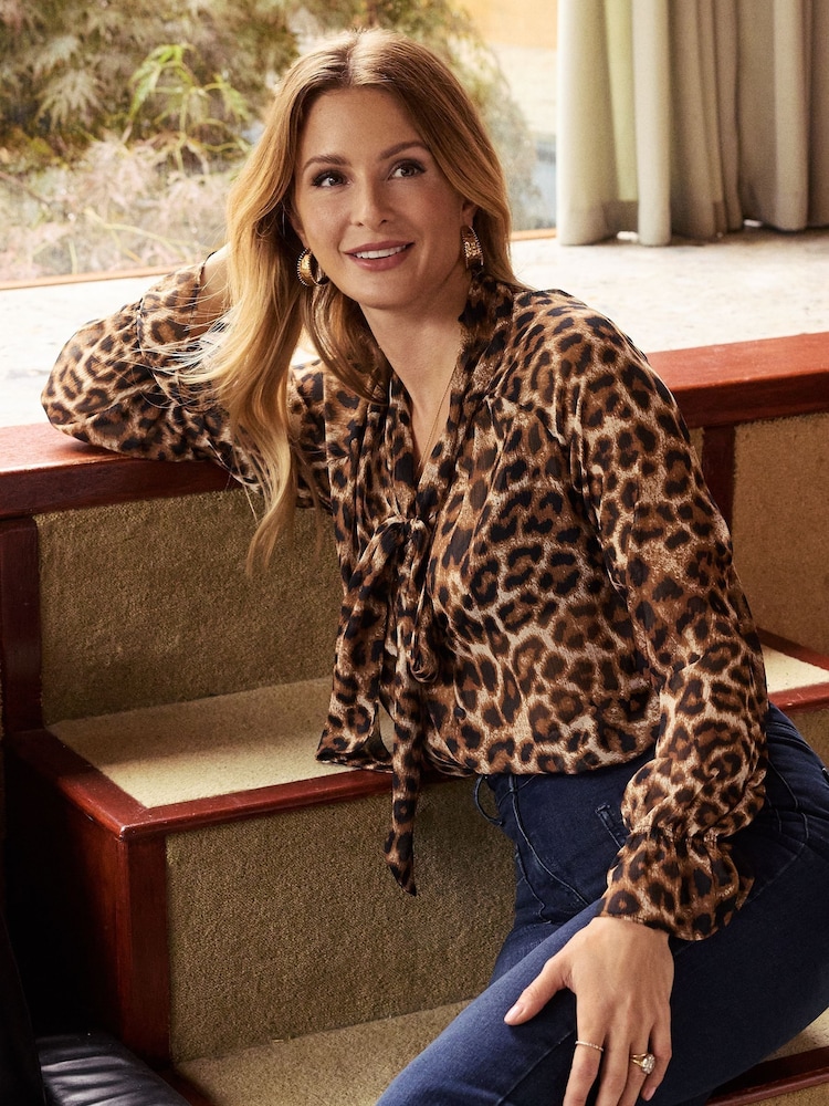 Friends Like These Brown Long Sleeve Animal Tie Neck Chiffon Blouse - Image 1 of 4
